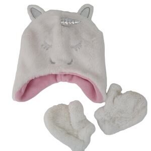 Toddler White metallic silver faux fur unicorn hat and mittens